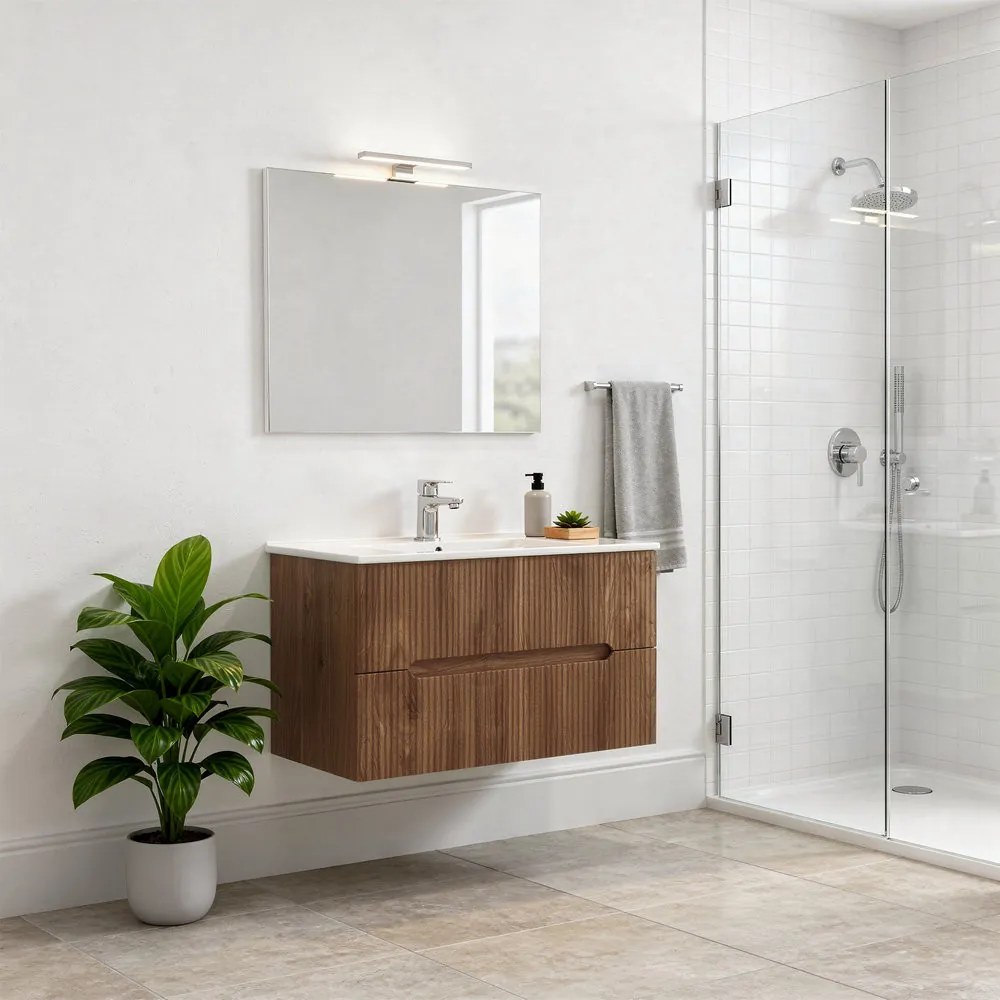 Trent 80 alsó fürdőszobabútor kerámia mosdóval 2 fiókos, sunset tölgy