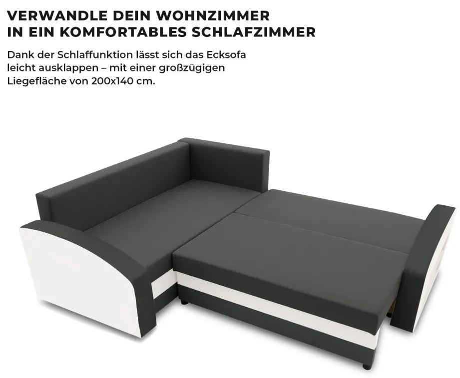 Grande sarokkanapé polcokkal , polc a jobb karfaban, baloldali, szövet anyag, bonell töltet, szürke - fehér