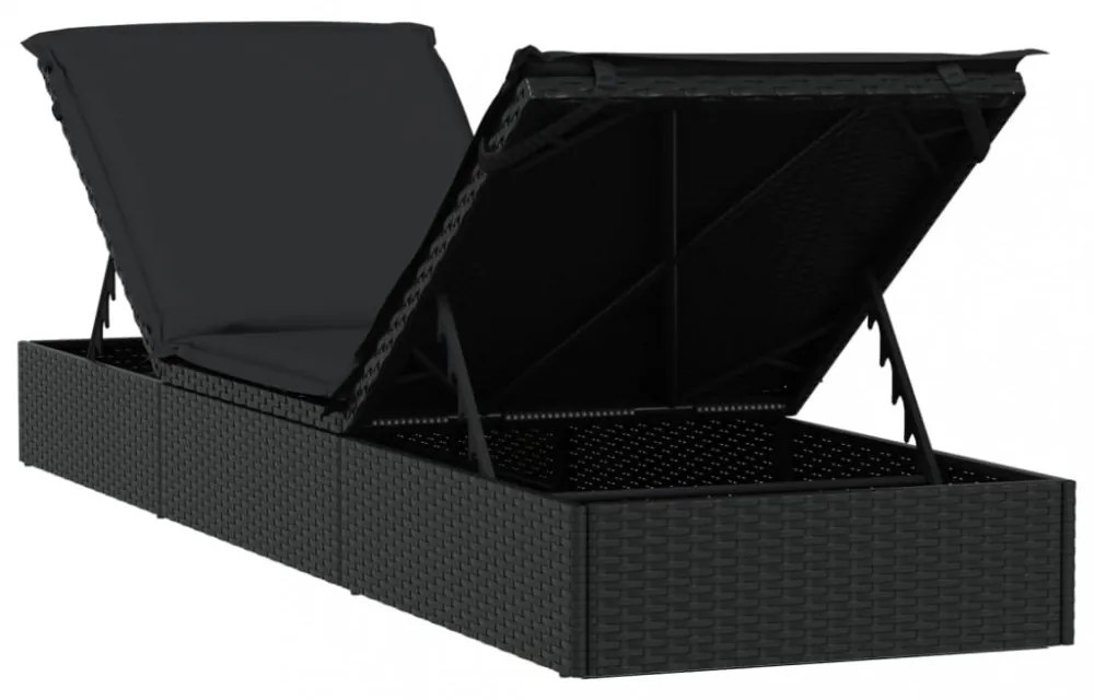 1 db fekete polyrattan napozóágy párnával 201 x 55 x 62 cm