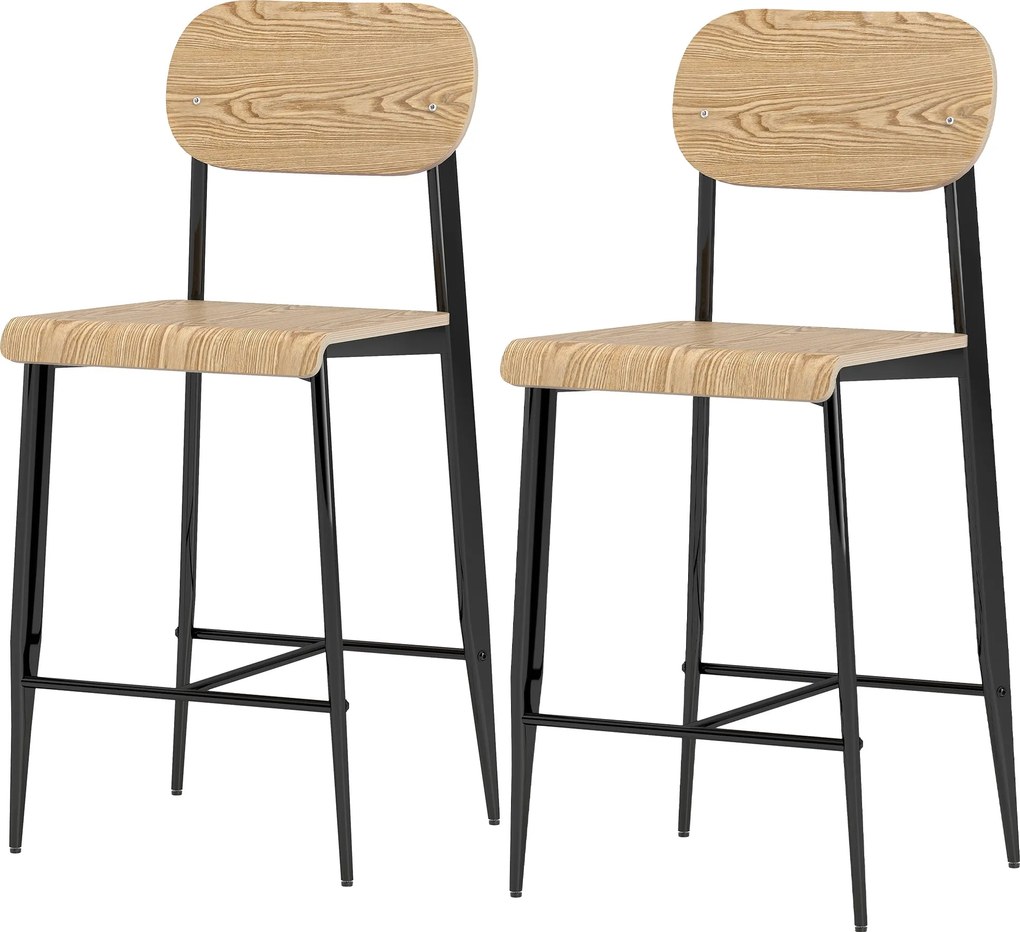 HOMCOM 2 db Bárszék Szett, Bárszék lábtartóval, Fém Keret, Konyhai Szék 66 cm Ülèsmagassággal, Pultszék Könnyű Összeszerelés, Ipari Design Természetes