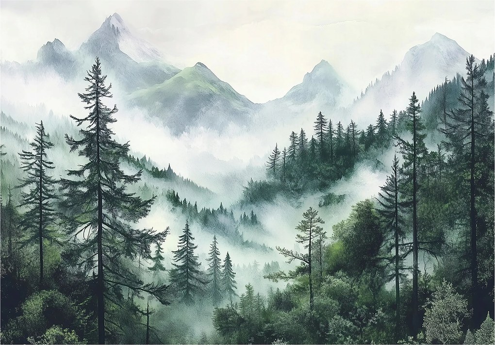 Fotótapéta Erdő A Ködben Fák Hegyek Hálószoba Nappali Tapéta Flizelina 150x105