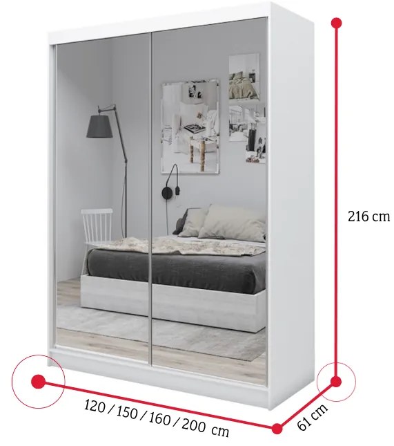 ROBERTA tolóajtós ruhásszekrény tükörrel + Halk zárorendszer, fekete, 120x216x61