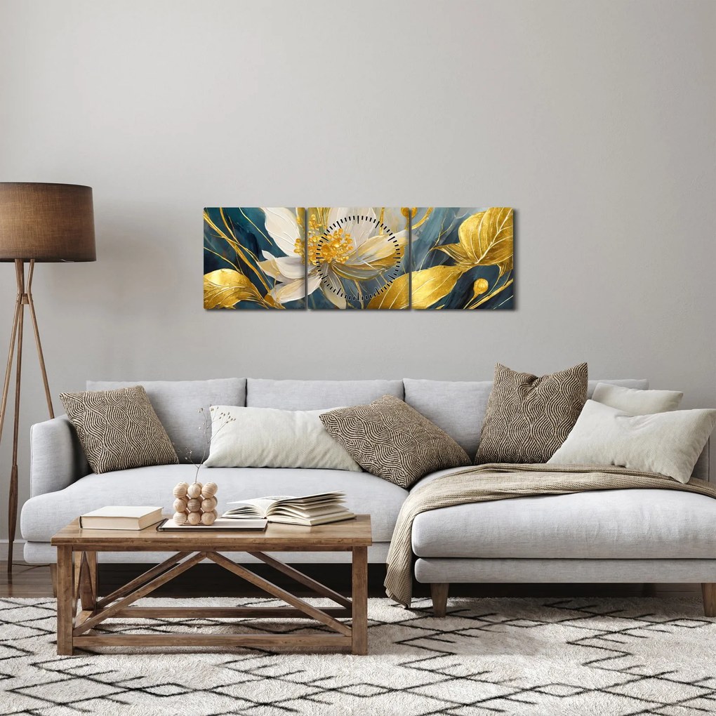 Kép - Festmény arany virágok (órával) (90x30 cm)