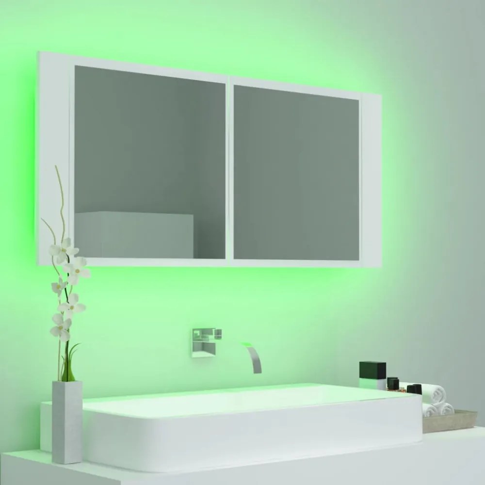fehér akril LED-es fürdőszobaszekrény tükörrel 100 x 12 x 45 cm