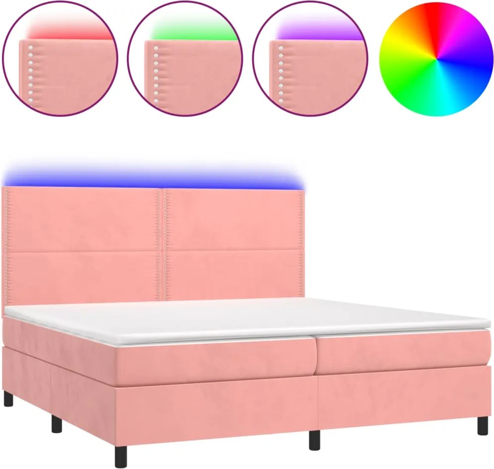 vidaXL rózsaszín bársony rugós és LED-es ágy matraccal 200x200 cm