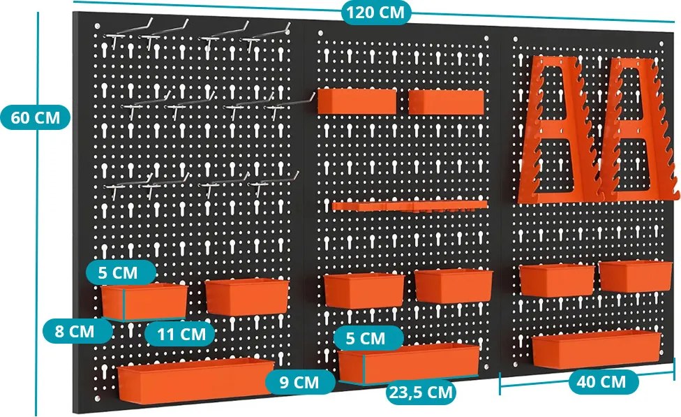 Fém szerszámtároló 9 rekesszel és akasztókkal