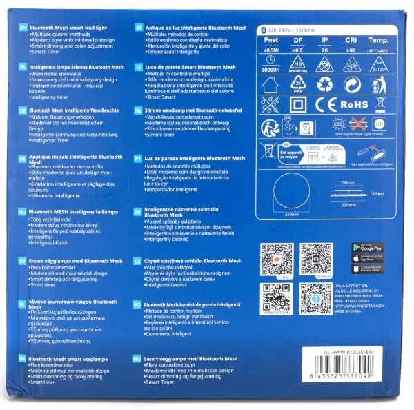 Aigostar MESH Smart LED falikar, 12W, 230V, állítható fényerő, fehér