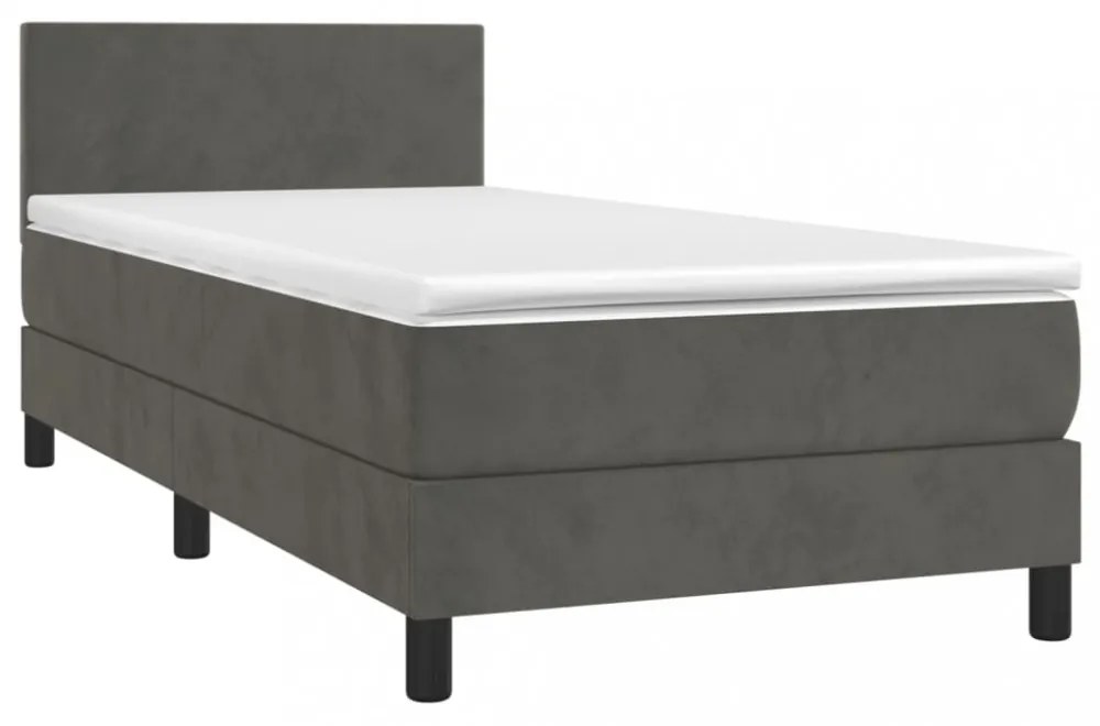 sötétszürke bársony rugós és LED-es ágy matraccal 90x200 cm