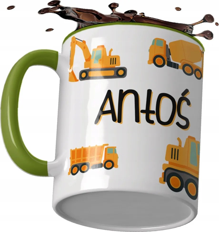 Zöld bögre ajándék kisfiúnak, saját nevével ellátott kotrógéppel