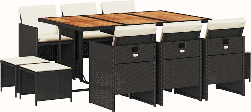 vidaXL 11 részes fekete polyrattan kerti étkezőgarnitúra párnákkal
