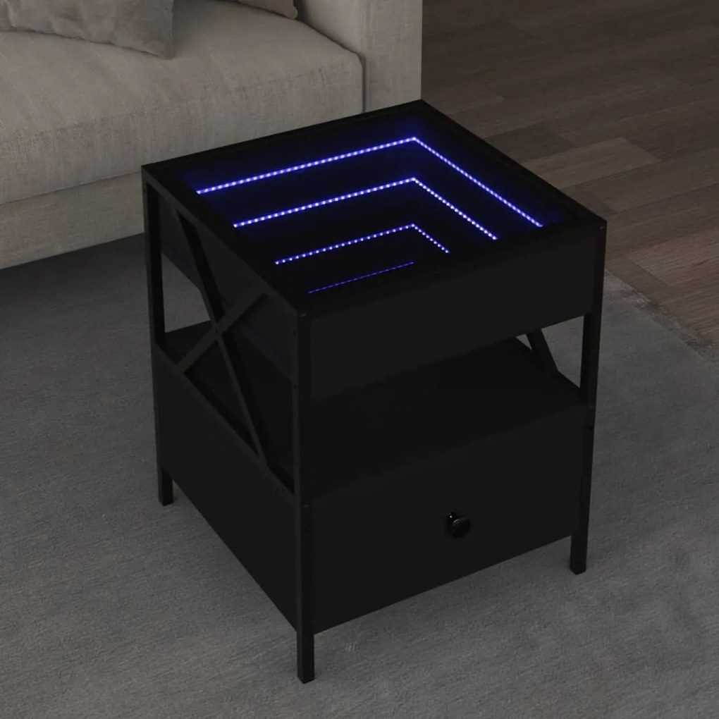 Fekete végtelen hatású LED-es dohányzóasztal 40 x 40 x 51 cm