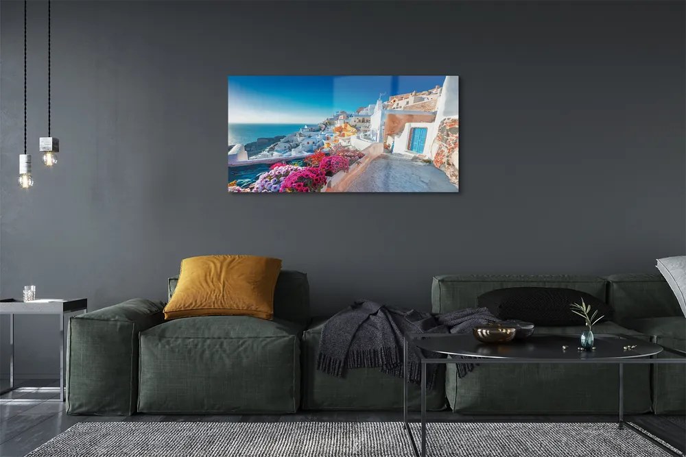 Üvegképek Épületek Görögország tenger virág 125x50 cm