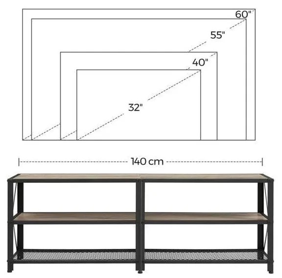 TV szekreny, TV-asztal polcokkal, acélkerettel, 140 x 52 x 39 cm, greige és fekete