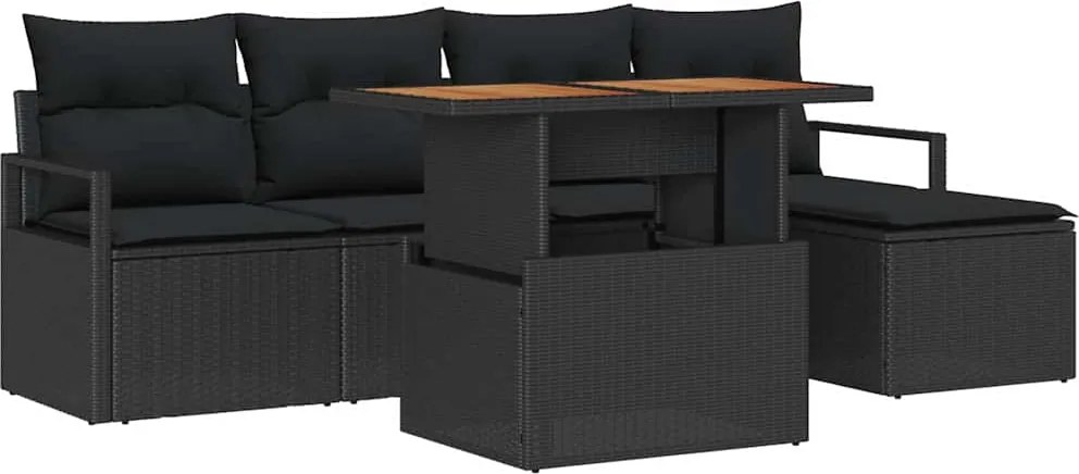 vidaXL Kerti Kanapé Szett tárolóval 6 pcs Fekete Poli rattan