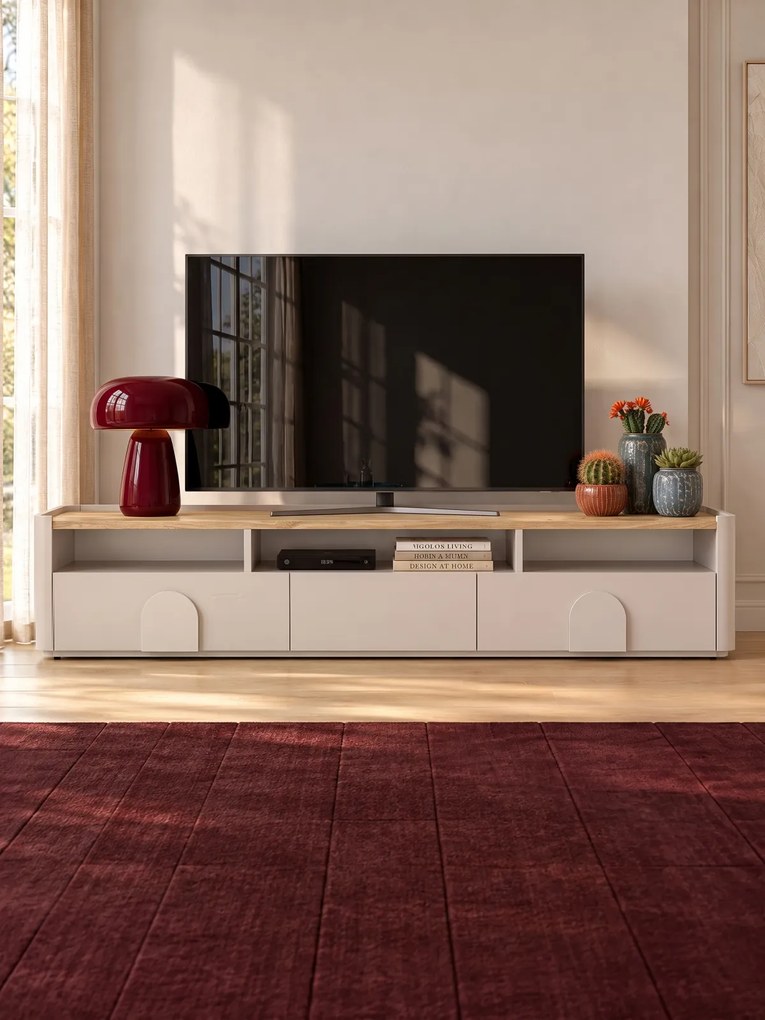 Amilio fiókos TV szekrény 200 cm - kasmír / olajozott tölgy / kasmír fogantyúk