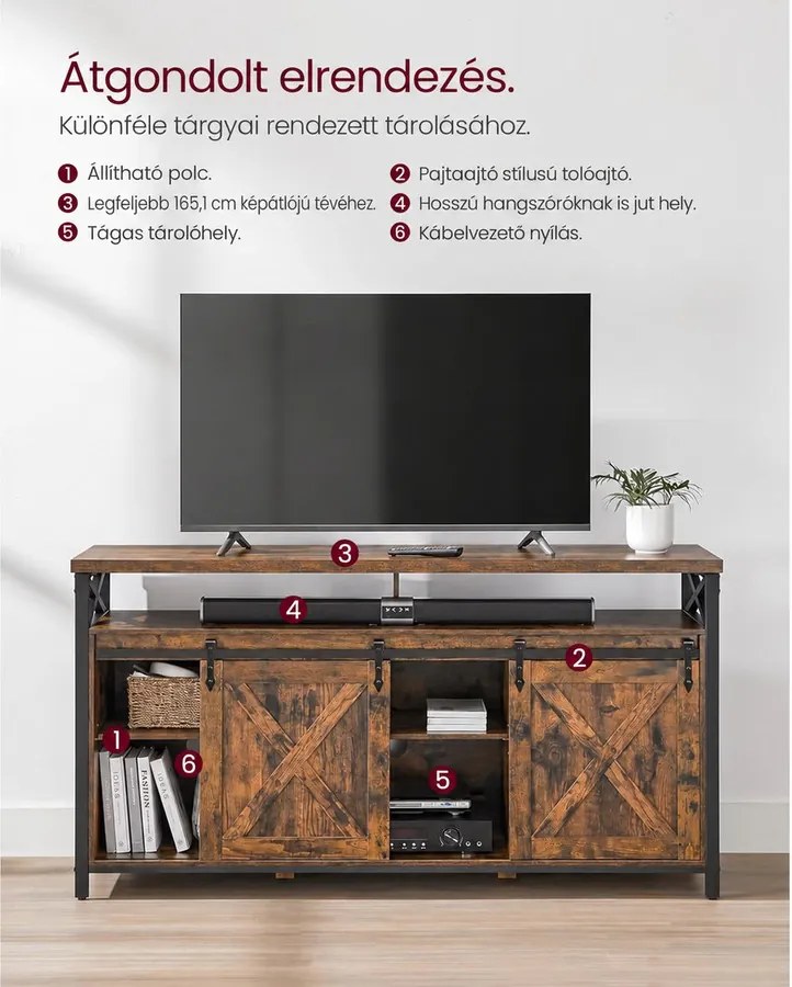 TV-szekrény tolóajtókkal, 147 x 40 x 76 cm, 65 colos TV-hez, rusztikus barna-fekete