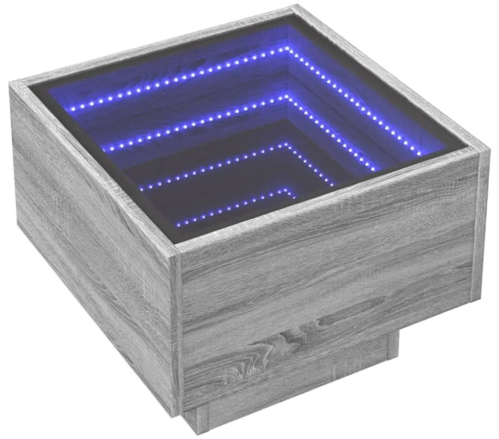 Szürke sonoma színű szerelt fa kisasztal LED-del 40x40x30 cm