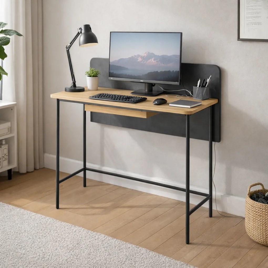 Számítógépasztal, tölgy/fekete, KOMPUS