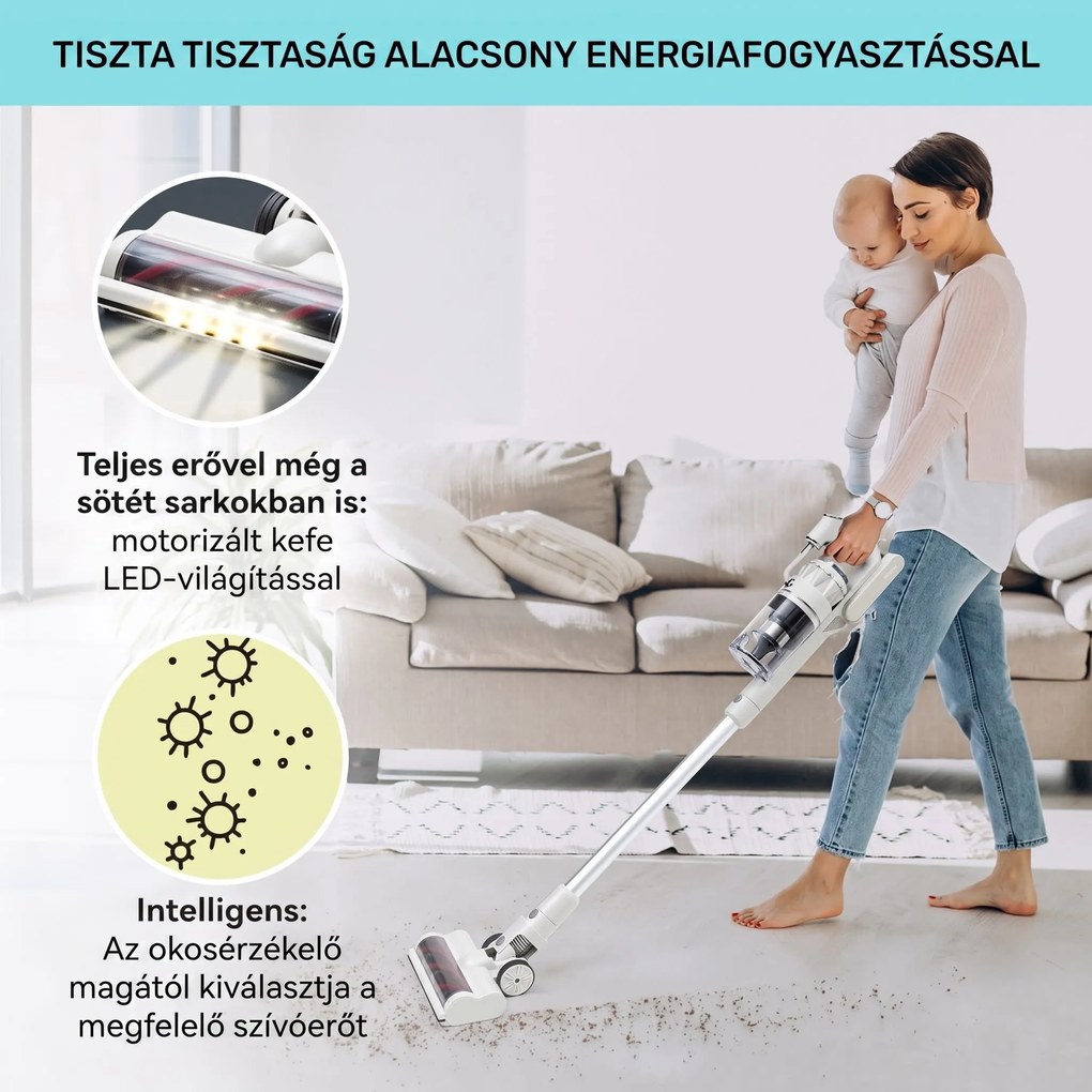 Klarstein LARMA vezeték nélküli, porzsák nélküli porszívó, 45 perc akkumulátoridő, max. LED