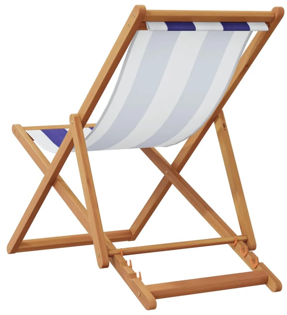 2 db kék és fehér szövet és tömör fa összecsukható strandszék