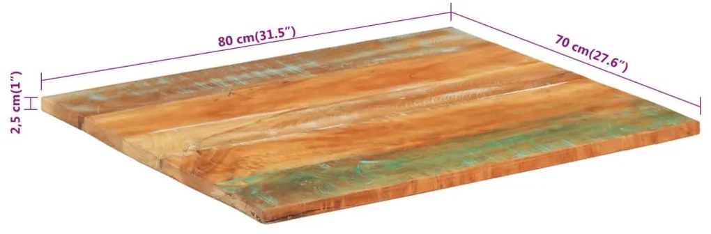 négyszögű tömör újrahasznosított fa asztallap 70x80 cm 25-27 mm