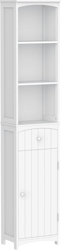 HOMCOM Magas, Keskeny Fürdőszobás Szekrény 1 Fiókkal és 3 Nyitott Polccal - Modern Stílus a Nappaliba, Fürdőszobába és Konyhába 34x24x170 cm Fehér | A