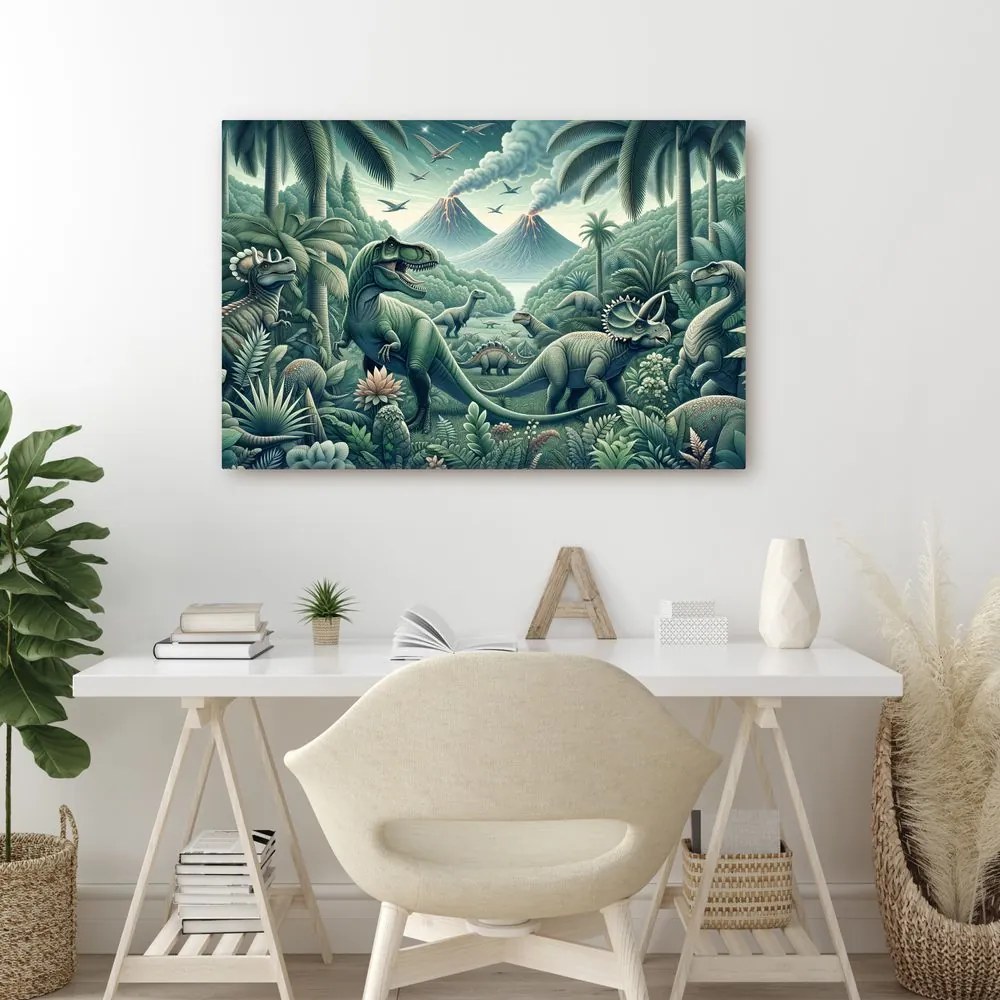 Kép dinoszauruszok vulkános őserdőben