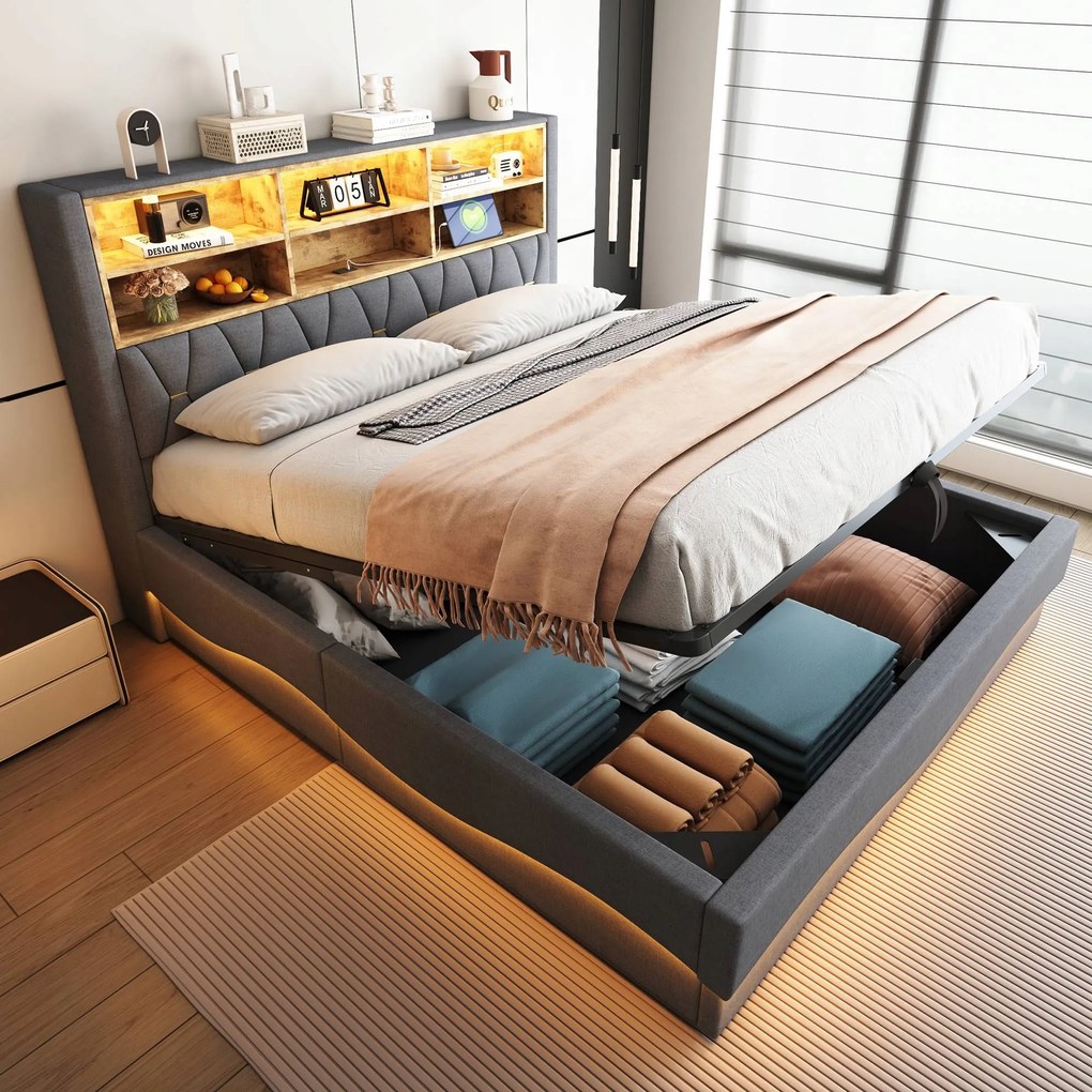 Kárpitozott ágy Dupla ágy Hidraulikus Led Usb 180X200CM szürke