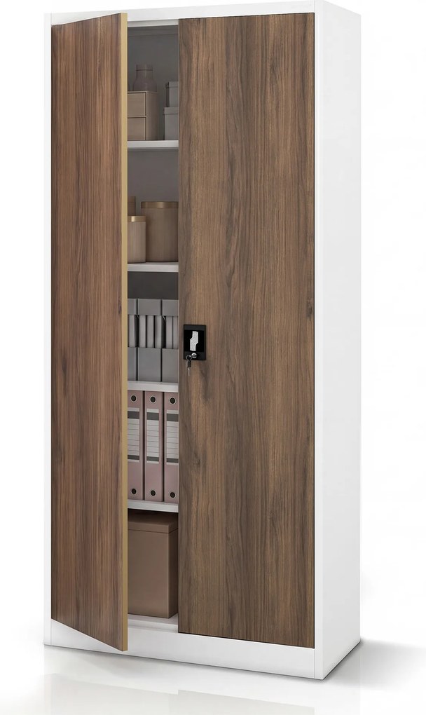 Fém irodai dokumentumszekrény, fehér / dió, 900x1950x400 mm: JAN H Eco Design
