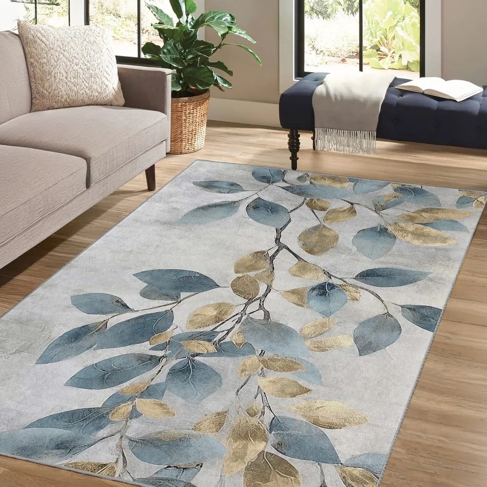 Világoskék-aranyszínű mosható szőnyeg 80x150 cm Golden Leaves – Mila Home