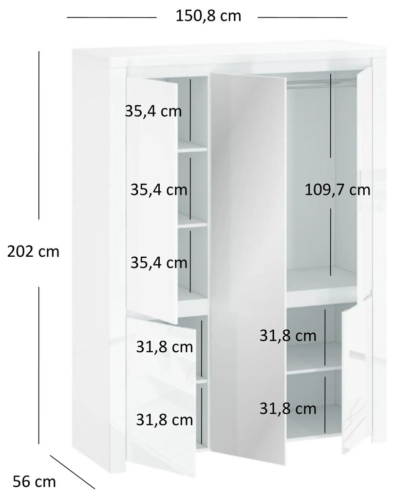 Ruhásszekrény Leona 5D (tükörrel)  (fényes fehér). Akció -17%. 1053010