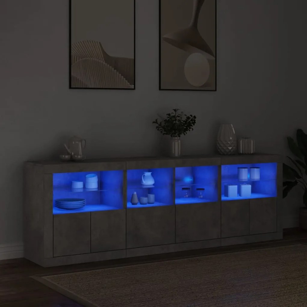 betonszürke tálalószekrény LED-világítással 202x37x67 cm