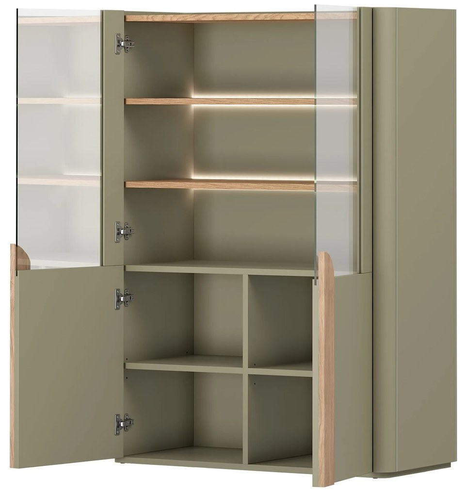 Amilio vitrines szekrény 100 cm, kétszárnyú - eukaliptusz / baltic dune tölgy / natúr tölgy fogantyúk