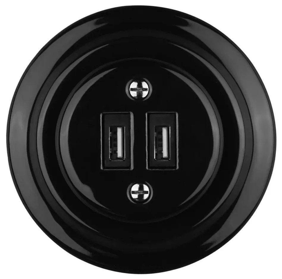 Bohemia-Design - Porcelán kivitelű retro USB fali aljzat kerettel 2xUSB-A, fekete