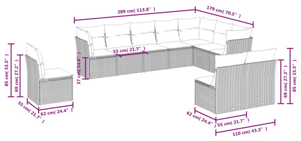 10 részes világosszürke polyrattan kerti ülőgarnitúra párnákkal