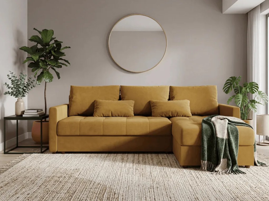 VENORIA L alakú kihúzható sarokkanapé, 220x143 cm, mustársárga + 2 párna INGYEN