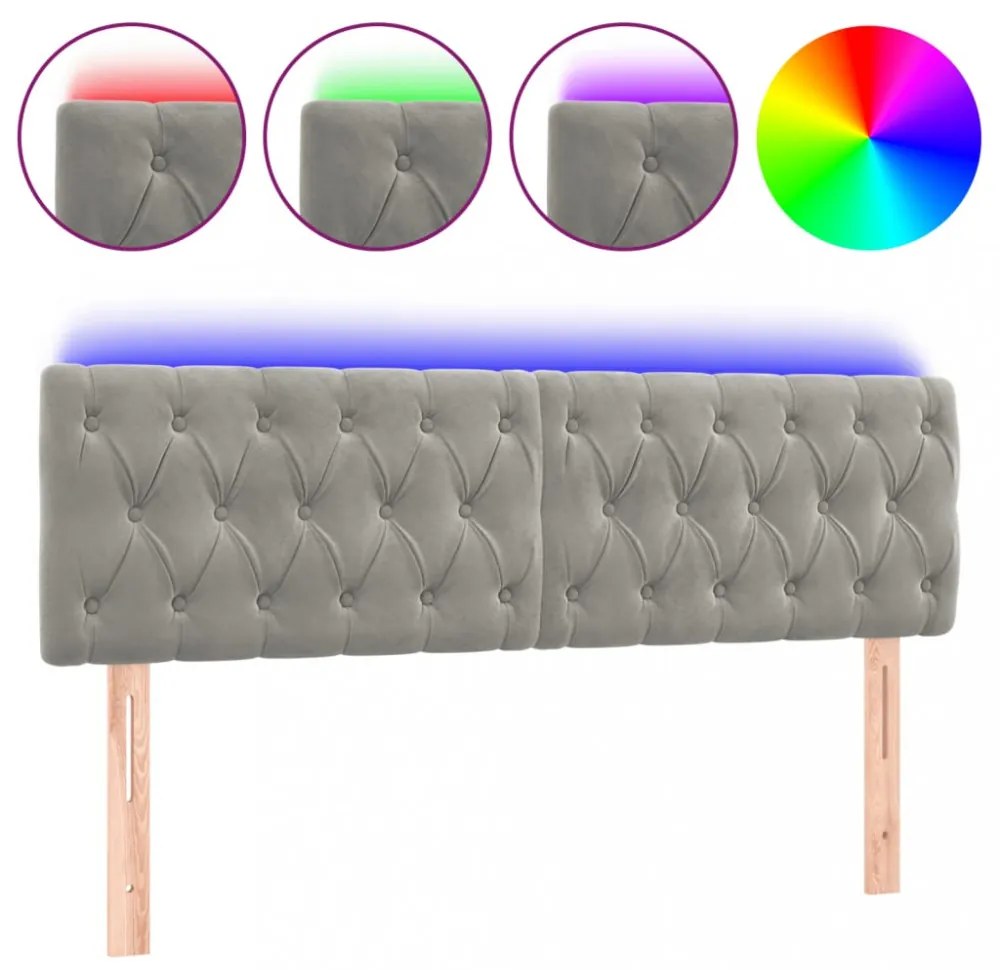 világosszürke bársony LED-es fejtámla 144 x 7 x 78/88 cm