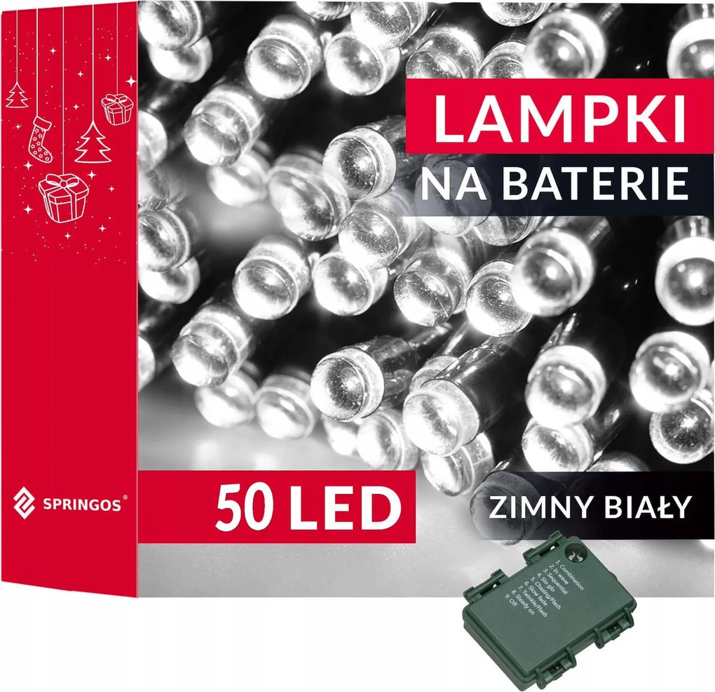 Karácsonyfa Lámpa Kültéri/beltéri 5m 50LED Elem 8 Funkciós Fehér Hideg Karácsonyi