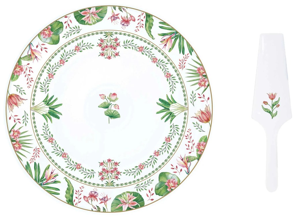 Virágos porcelán tortatál lapáttal 32 cm díszdobozban Botanic Chic