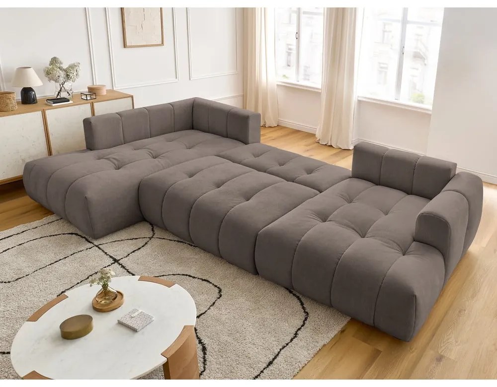 Szürkésbarna kinyitható-tárolóhelyes sarokkanapé (bal oldali-U alakú) Fuji – Bobochic Paris