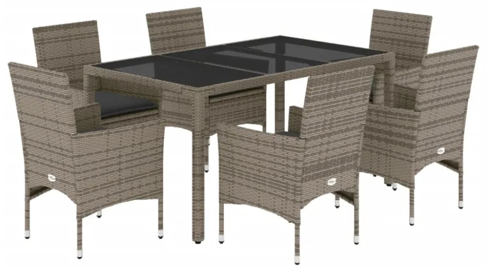 7 részes szürke polyrattan/üveg kerti étkezőgarnitúra párnával