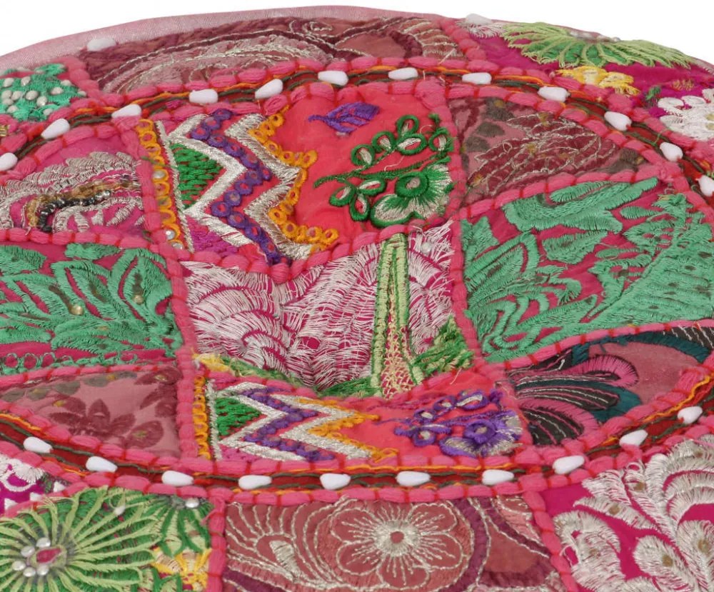 kézzel készült kerek rózsaszín pamut patchwork puff 40 x 20 cm