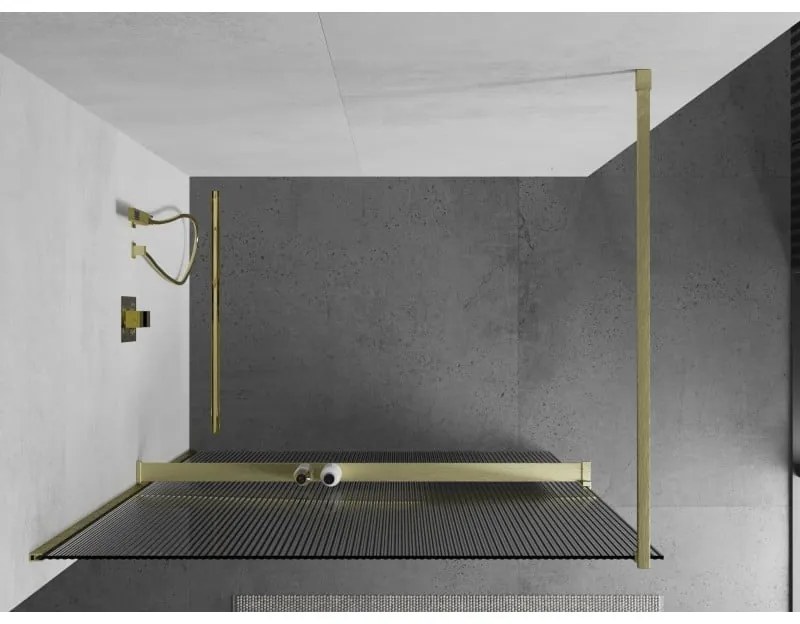 Mexen Kioto+, Walk-In zuhanyparaván polccal és akasztóval 80 x 200 cm, 8 mm-es üveg bordás mintával, arany matt profil, 800-080-121-55-09