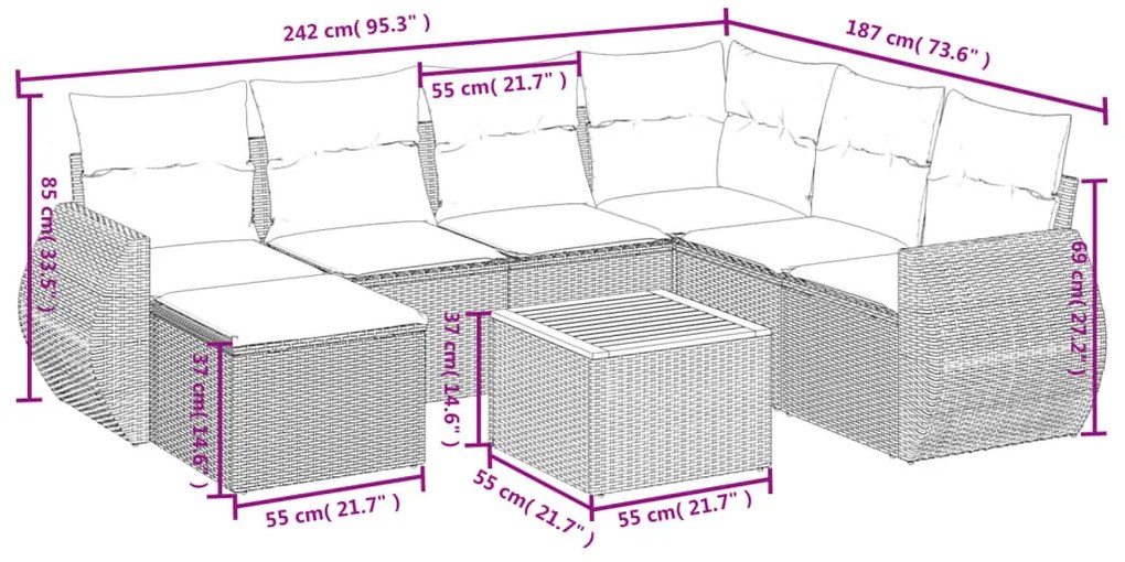 8 részes fekete polyrattan kerti ülőgarnitúra párnákkal