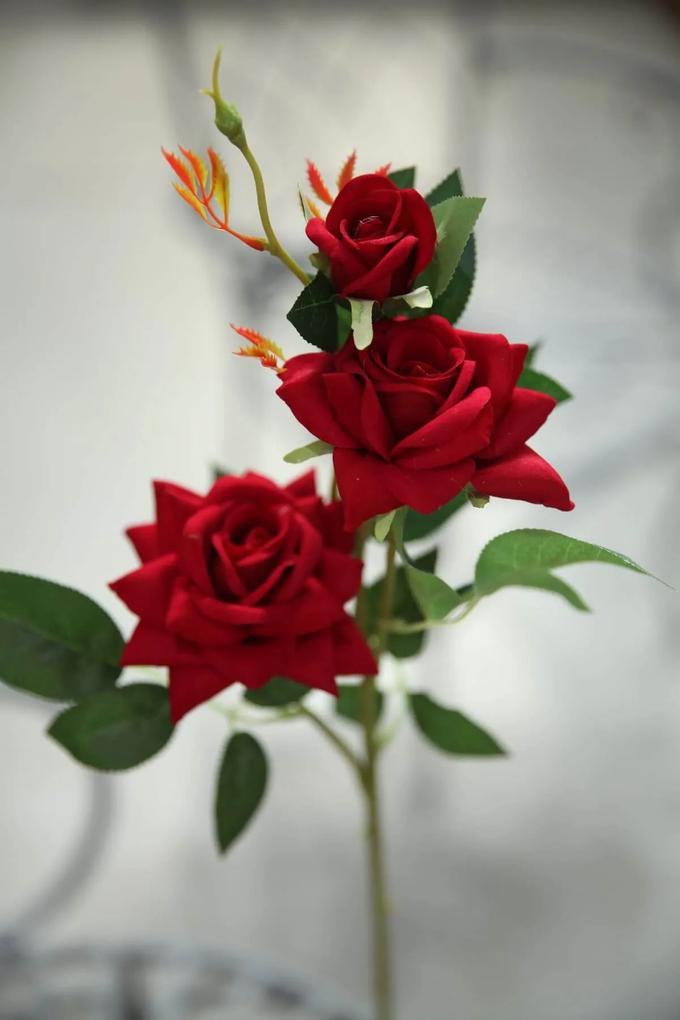 Vörös mű bársony háromvirágú rózsa 65cm
