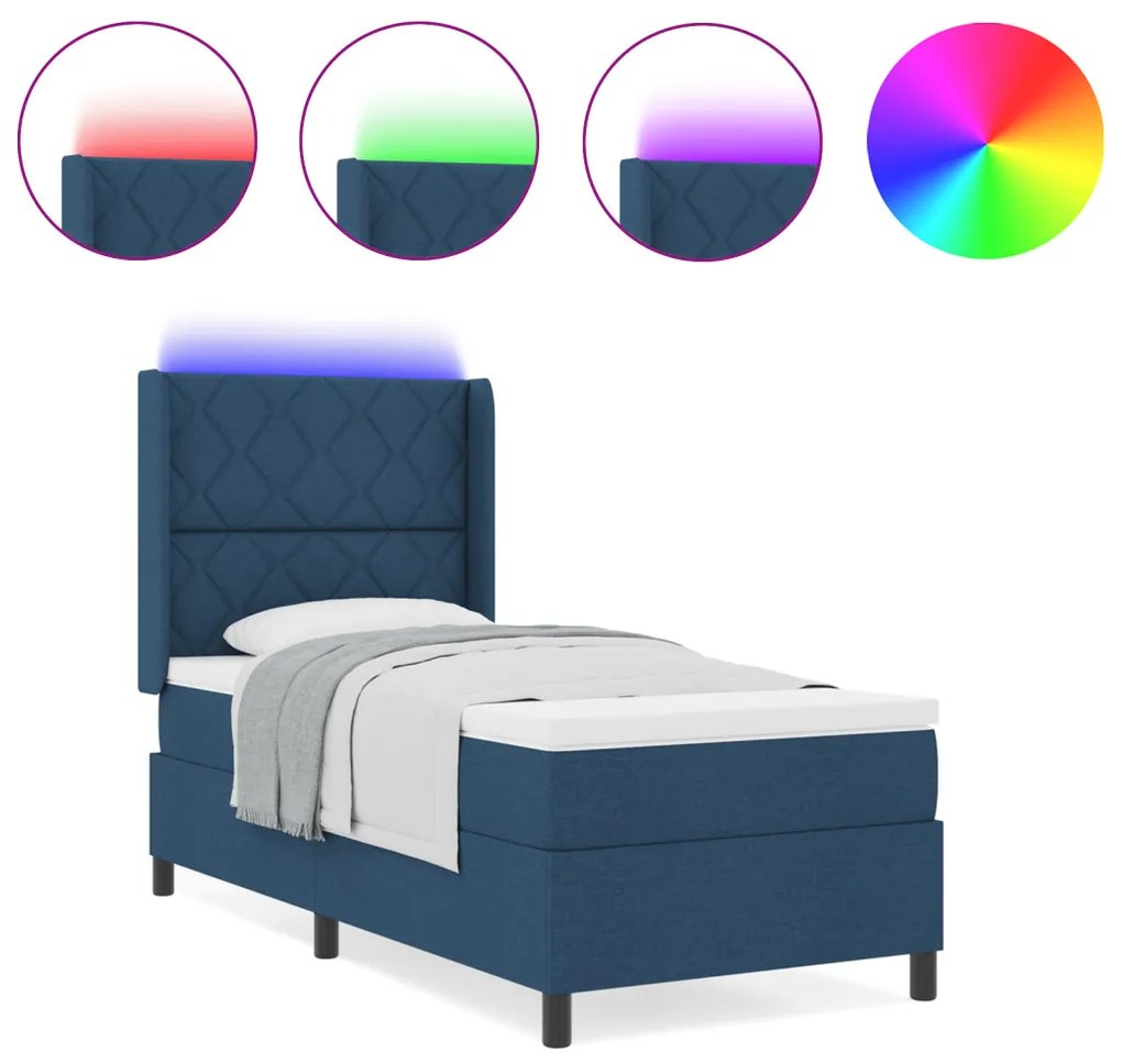 Boxspring Ágy Matrac + LED Kék 90x200 cm Szövet