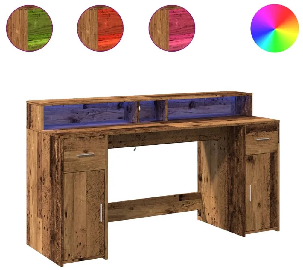antik fa színű szerelt fa íróasztal LED-ekkel 160 x 55 x 91 cm