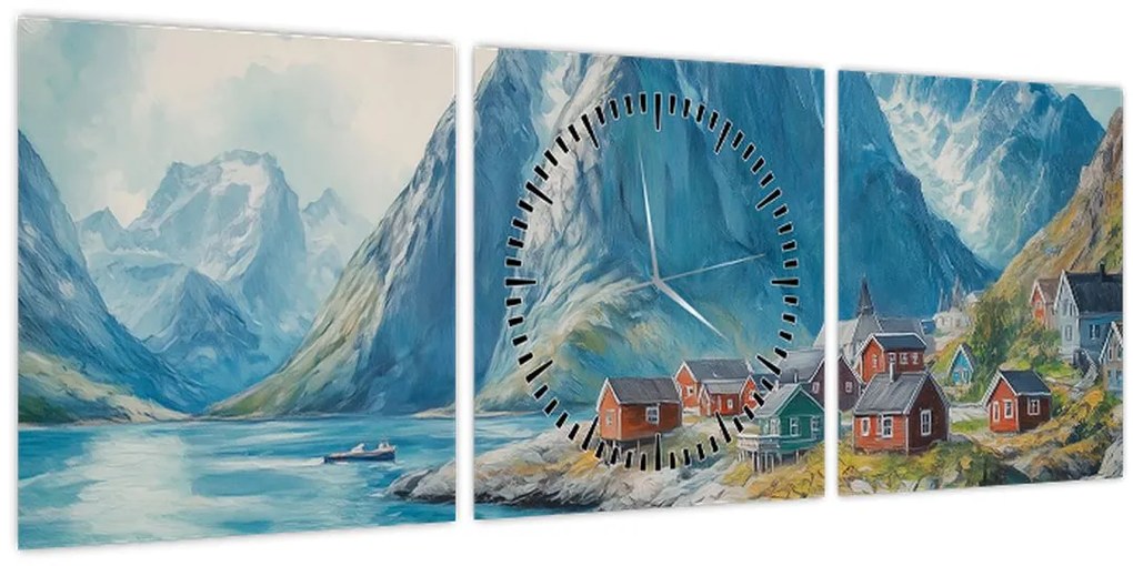 Kép - Norvég falu (órával) (90x30 cm)