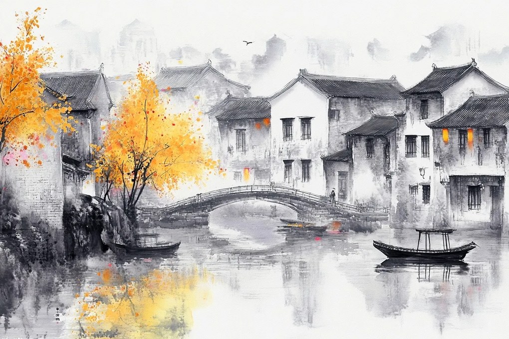 Fotótapéta Flizelina Tájkép Ázsia Kína Falu Folyó Híd 152,5x104 ragasztó