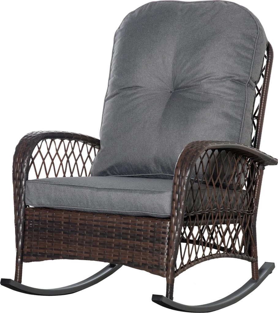 Outsunny Polyrattan Ringató Szék Pihentető Karosszék Kert Szék Párnákkal Lounge Bútor Barna 75 x 98 x 91 cm | Aosom